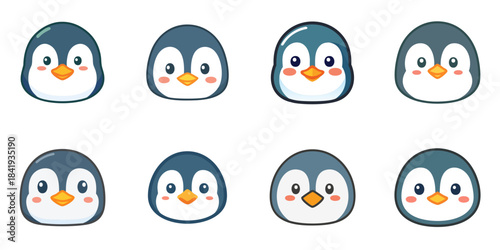 Multiple vector illustrations of cute penguin faces