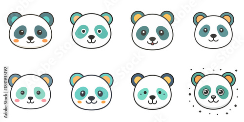 Multiple vector illustrations of cute panda faces