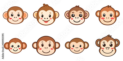 Multiple vector illustrations of cute monkey faces