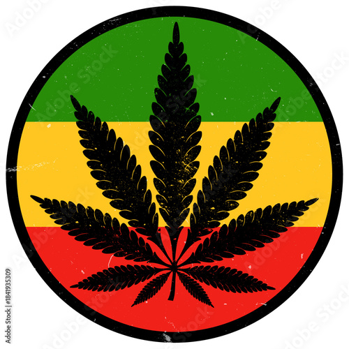 A cannabis leaf within a red yellow and green circle
