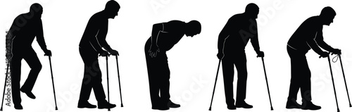 Senior elderly man silhouette poses set with walking stick or cane, showing different movement, posture, and back pain, vector illustration for health and aging concepts.