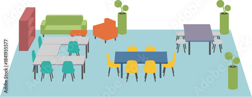 Isometric vector illustration of a modern open-plan office or co-working space with colorful furniture.