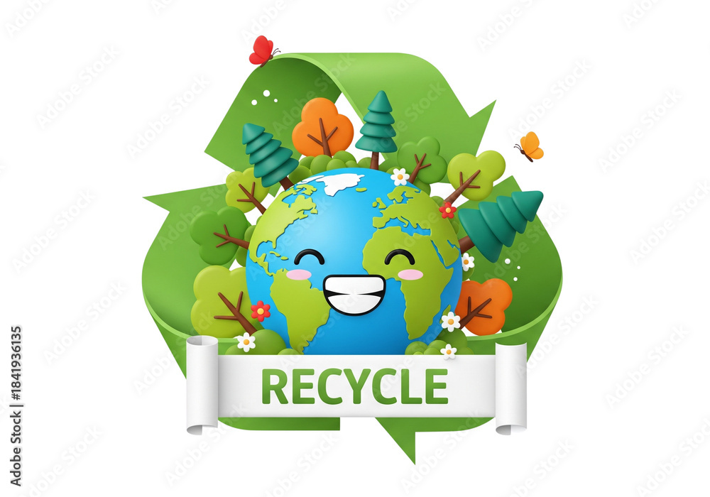 Naklejka premium Cute cartoon earth character with trees and recycling symbol for environmental protection and ecology concept on transparent background