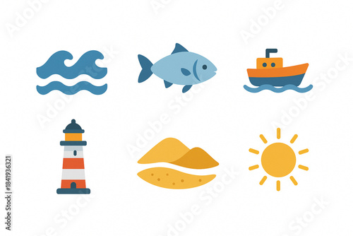 Cartoon icons of Peruvian coastal geography with ocean waves, fish, boat, lighthouse, sand dune, and sun