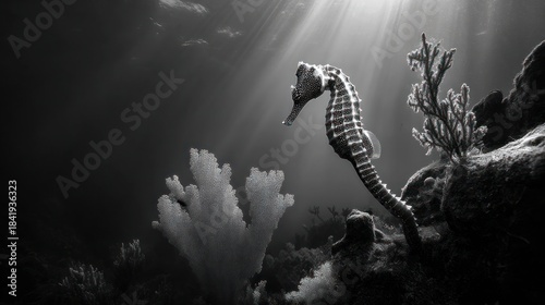 Fototapeta Naklejka Na Ścianę i Meble -  Seahorse in dark, monochrome ocean, illuminated by sun rays on a coral reef