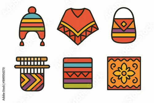 Cartoon icons of Peruvian Andean textiles with hat, poncho, bag, loom, cloth, and mat