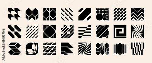 Abstract shape logo element set blends brutal distortion and bold geometric form. Futuristic cyber aesthetic meets modern retro tech pattern to create postmodern brand symbol for identity.