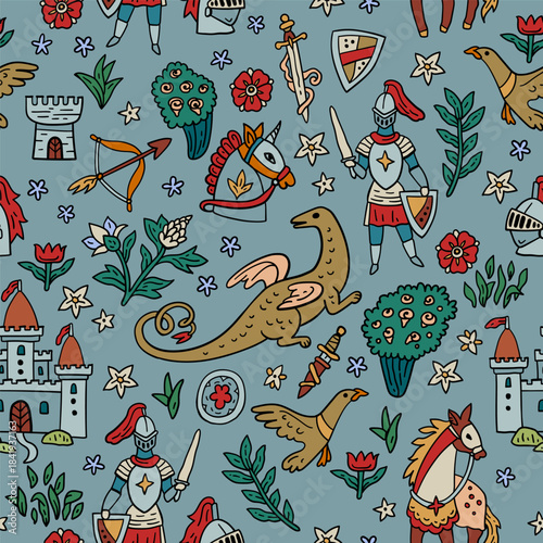 Bright fairytale background. Seamless medieval vector pattern with knights, horses and castles. Dragon and rider. Hand-drawn like an ancient tapestry. For textile and paper design.