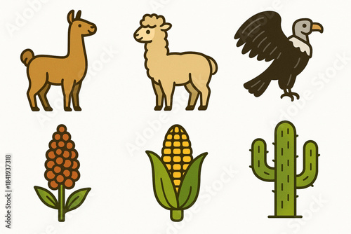 Cartoon illustration of Peruvian Andean biodiversity with llama, alpaca, condor, quinoa, corn, and cactus