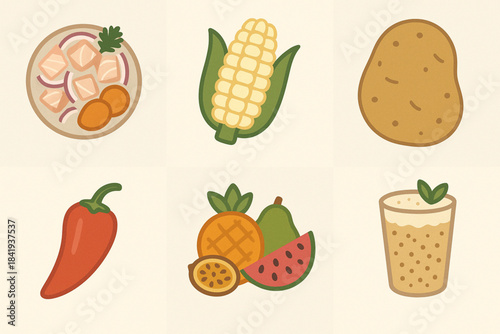 Cartoon illustration of Peruvian food ingredients including salad, corn, potato, chili, fruits, and smoothie