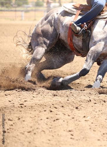 A horse and rider galloping with dirt flying everywhere. This is a photo in a vertical presentation.  A barrel racing event.