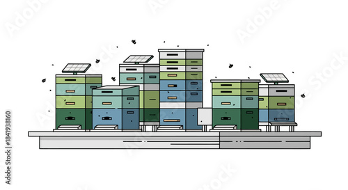 Modern Beehives with Solar Panels for Sustainable Apiculture.