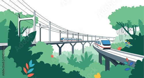 Modern Elevated Train System Winding Through Lush Green Landscape.