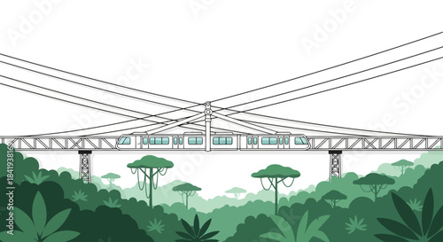 Modern Train Crossing a Long Bridge Over Lush Green Forest.