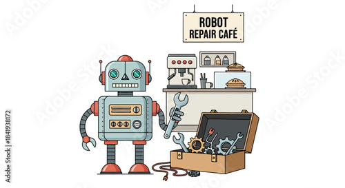 Retro Robot Repair Cafe with Tools and Signboard.
