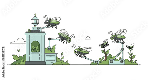 Robotic Bees Pollinating Flowers with Advanced Technology.