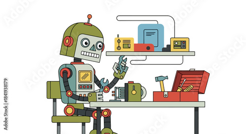 Robot working at a desk with tools and electronic components.
