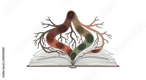 Roots and book symbolizing knowledge, growth, and interconnectedness.