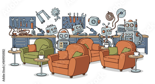 Robots in a workshop with armchairs and coffee cups.