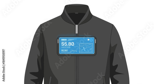 Smart jacket with integrated smartphone display showing digital wallet interface.