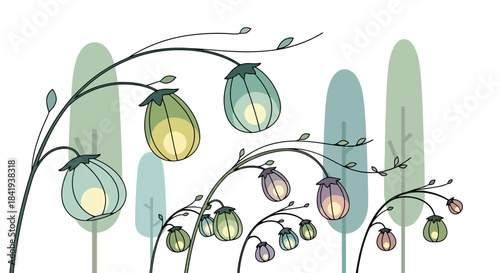 Whimsical Lantern Flowers Illuminating a Serene Garden Scene.