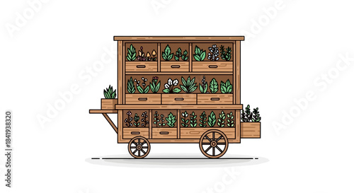 Wooden market cart filled with fresh produce and plants.