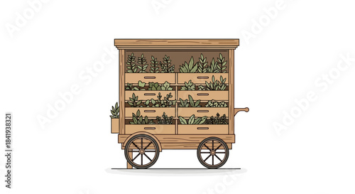 Wooden Cart with Multiple Shelves Displaying Various Plants and Herbs.