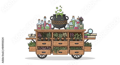 Witchs Brew Cart with Bubbling Cauldron and Potion Ingredients.