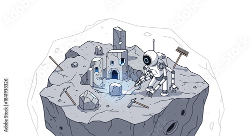 A robot mining on a floating asteroid with ancient ruins.