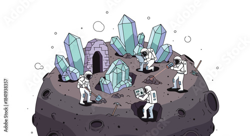 Astronauts mining crystals on a small asteroid or moon surface.