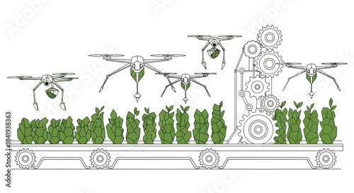 Automated drone farming system with plants on a conveyor belt.