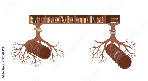 Bookshelf with roots and knowledge growth concept.