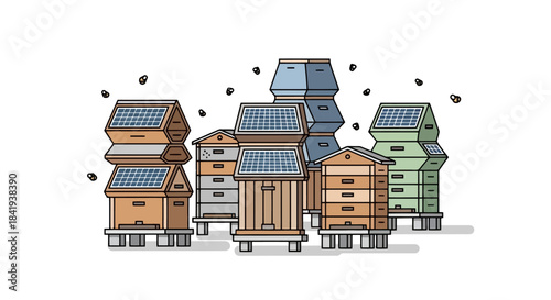 Collection of modern beehives with active bees flying around.