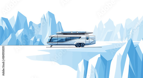 Futuristic silver camper trailer with solar panels.