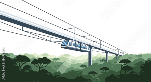 Futuristic Monorail Train Gliding Above Lush Green Forest Canopy.
