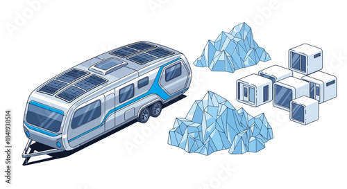Futuristic RV with Solar Panels and Ice Formations.
