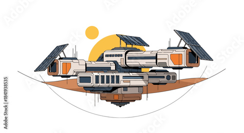 Futuristic Solar-Powered Floating City Concept with Modular Buildings.