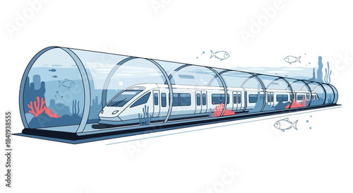 Futuristic underwater train in a transparent tunnel.
