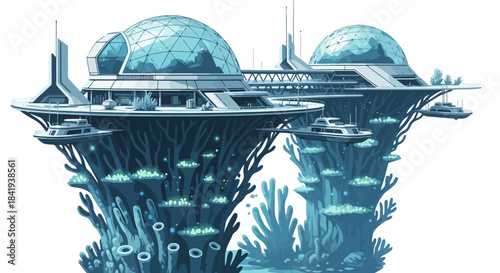 Futuristic underwater city with domed structures and coral-like foundations.