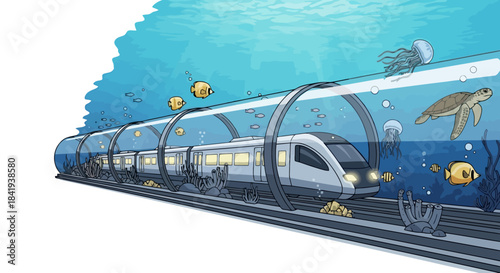 Futuristic Underwater Train Traveling Through a Transparent Tunnel.