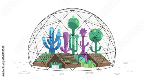 Geometric Dome Enclosing a Vibrant Ecosystem of Cacti and Lush Plants.