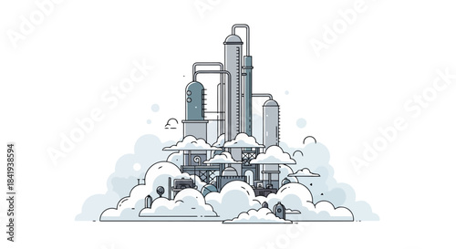 Industrial factory complex with smoke and pollution illustration.