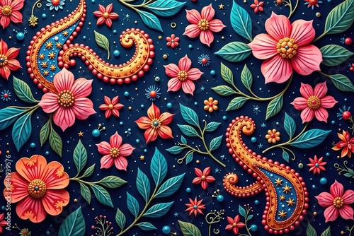 Intricate paisley floral pattern, vibrant hues, curl, wallpaper