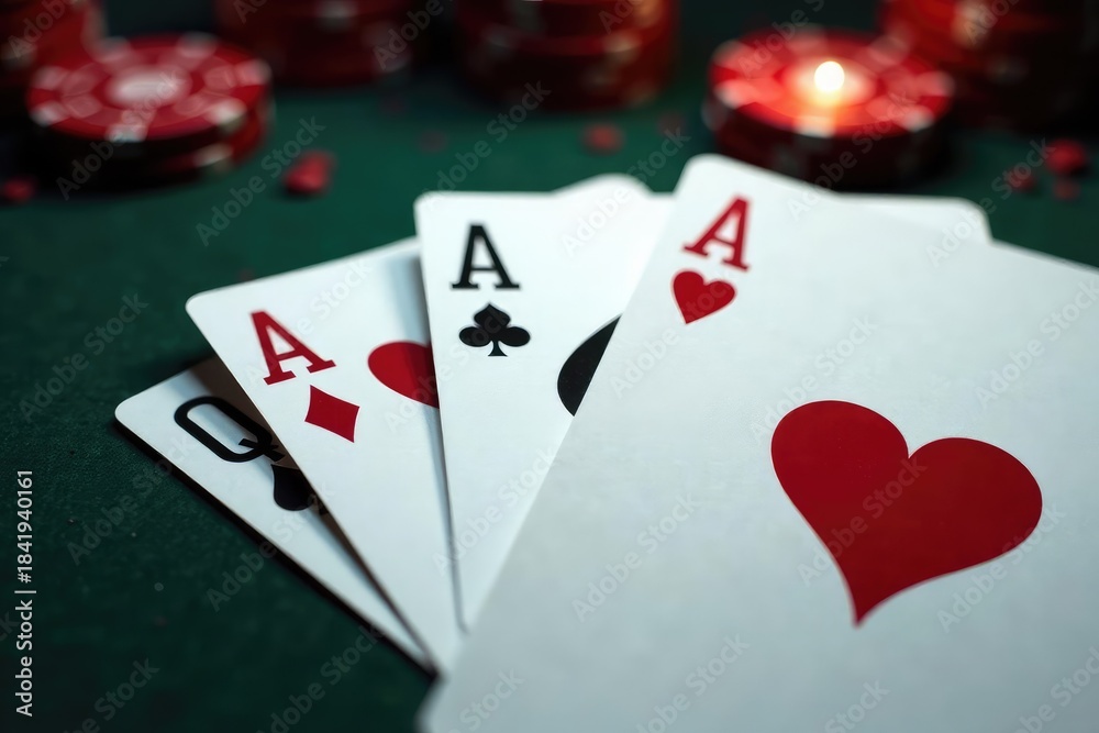 Fototapeta premium Playing cards arranged in an ace high sequence, design, low