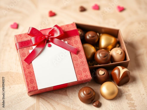 Festive red gift box with assorted chocolates and heart decorations, perfect for valentine's day or special occasions.