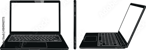 Modern laptop computer illustration showing front side and angled views with blank screen notebook device technology silhouette vector design for digital use