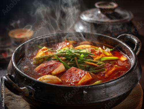 Korean spicy fish stew (Maeuntang) with tofu and vegetables, traditional metal pot, steam rising