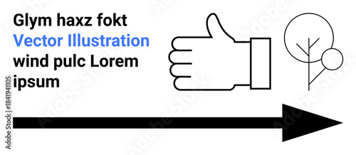 Conceptual direction, approval, navigation, environmental interaction, movement, minimalist design. Black arrow, thumbs up symbol and tree on a white background. Direction and approval concept