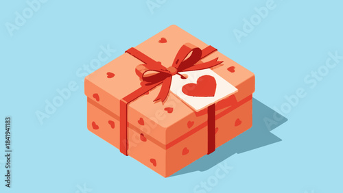 Isometric Gift Box With Red Ribbon And Heart Pattern On Blue Background Keywords: gift, present, box, ribbon, bow, heart