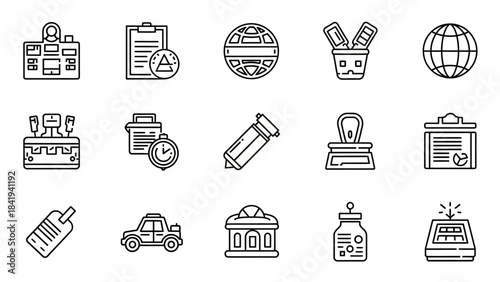 Office And Business Icons With Clipboard Globe Stamps And Car In Line Art vector illustration